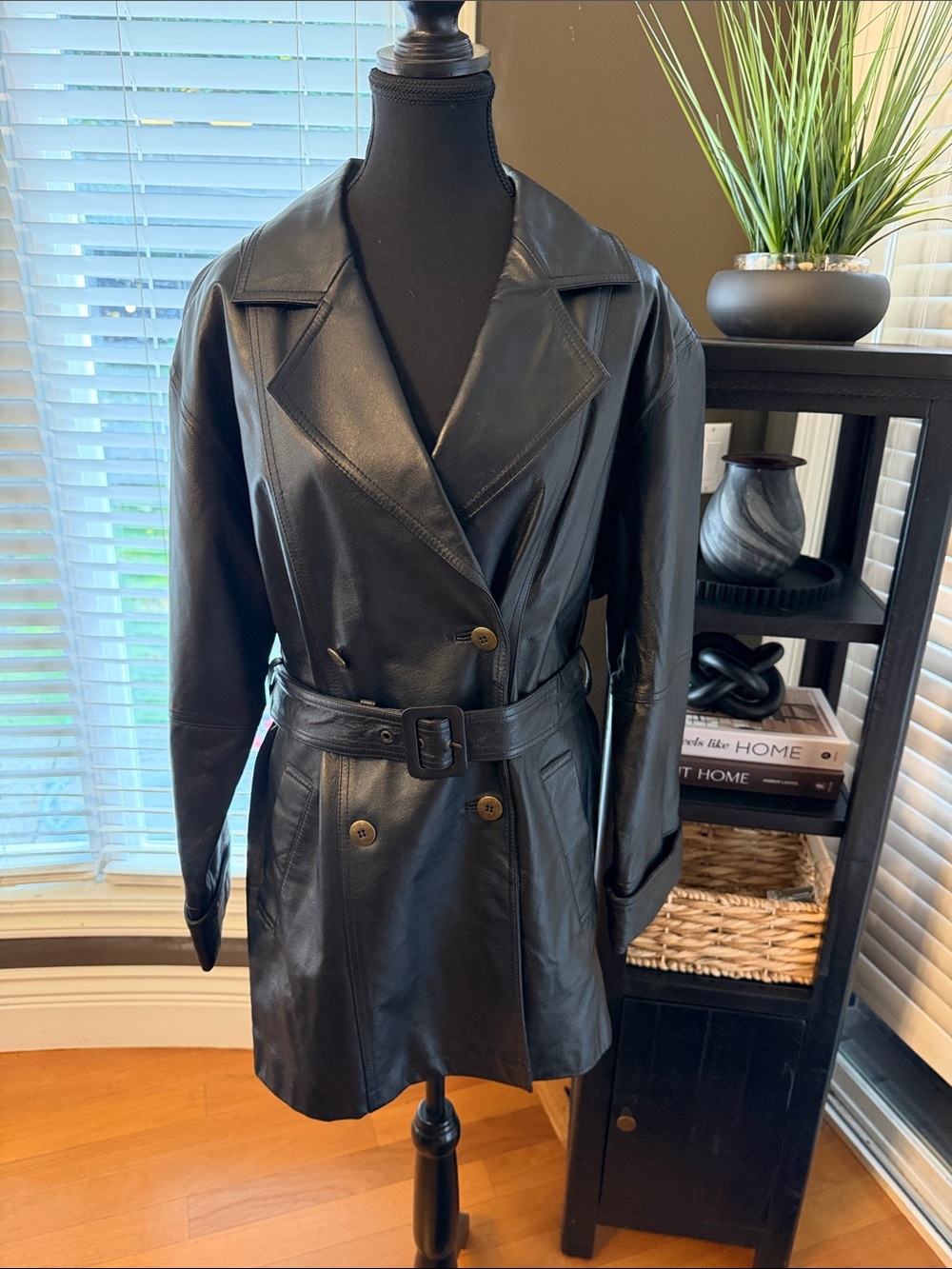 By Together Black Double-Breasted Leather Trench with Waist Belt